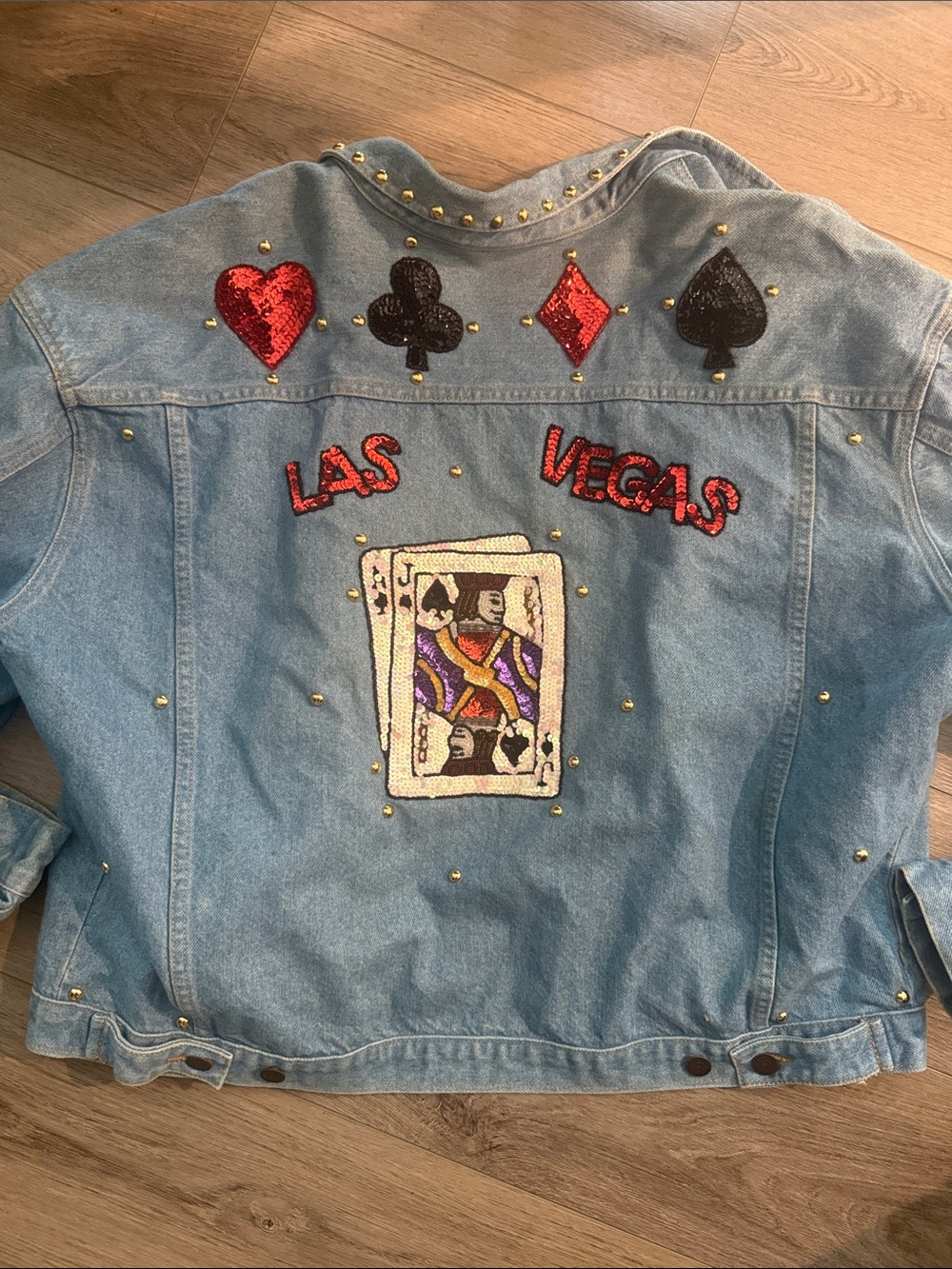 Las Vegas Sequin Card Denim Jacket - Light Blue
